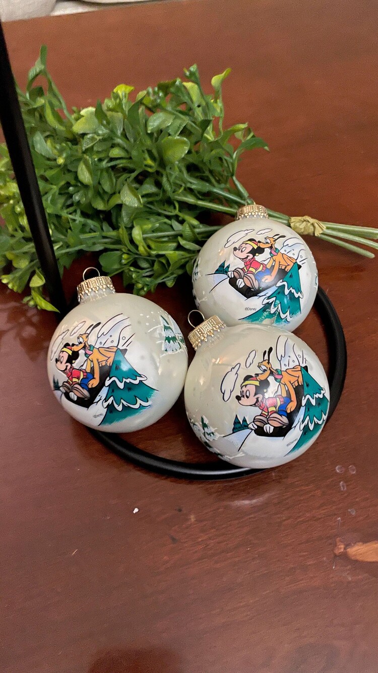 Disney Set of 3 Round Glass Christmas Ornaments Hand Painted Winter Scene
